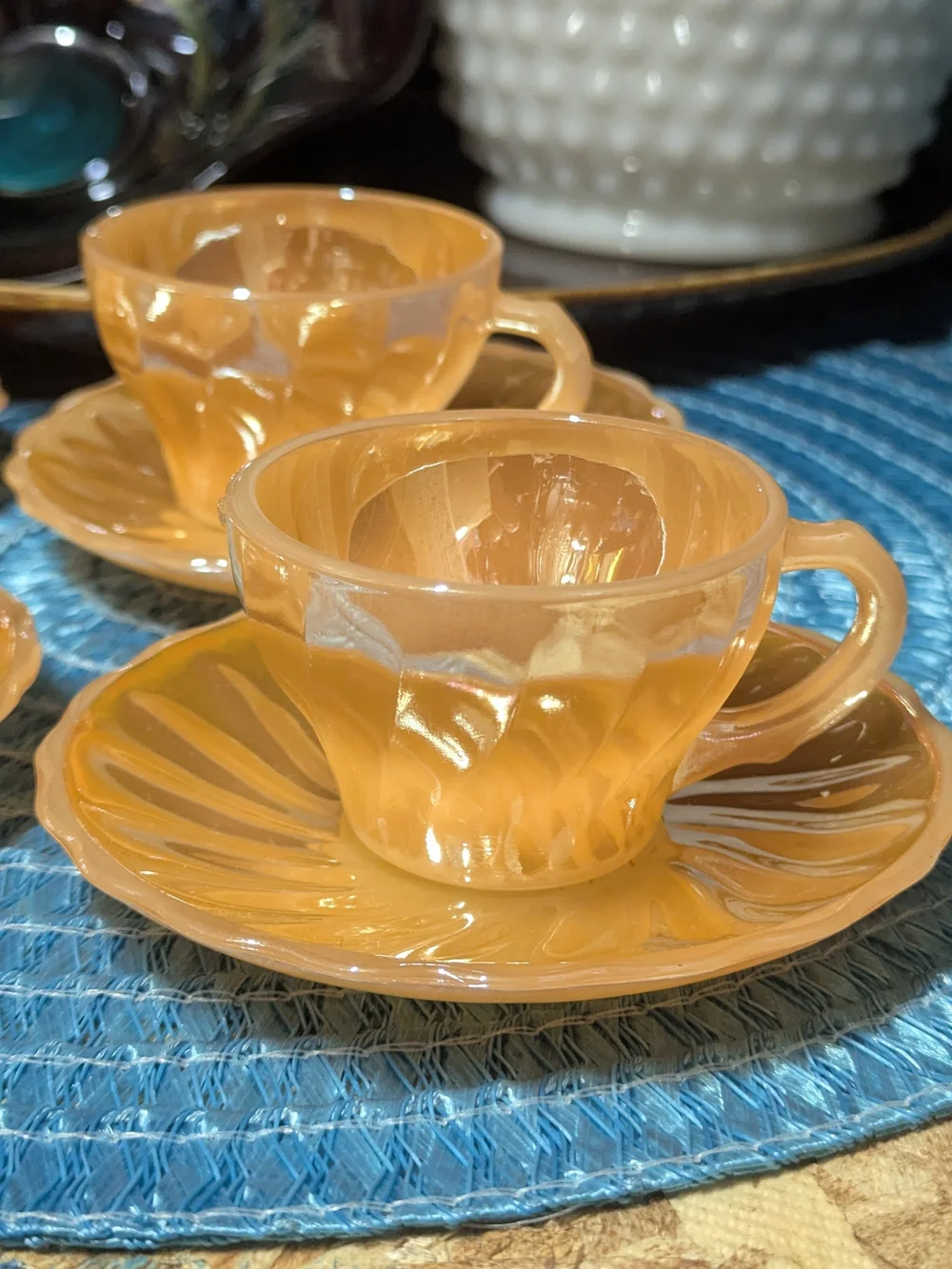 Vintage Peach Luster Glass Cup and Saucer Set - Vibrant Orange Home Dining